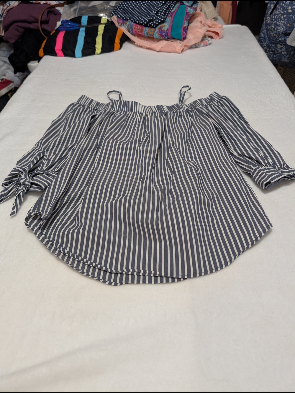 by & by Navy and White Striped Off-Shoulder Blouse Babydoll - Picture 2 of 7